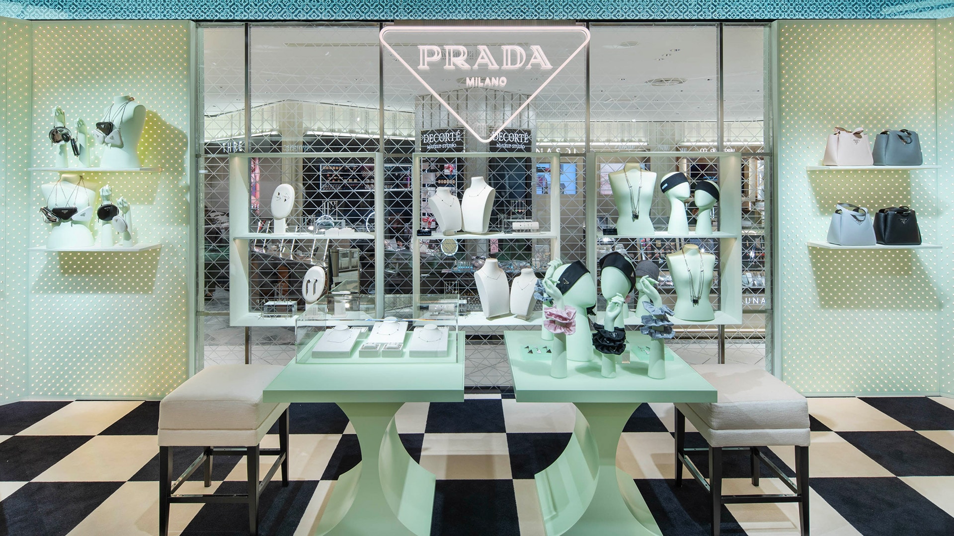 Prada - #Prada presents #PradaTropico - a multiple combinations of coloured  stripes and light effects creating a hypnotic experience in Prada's  exclusive pop-up store at at De Bijenkorf Amsterdam. The pop-up store