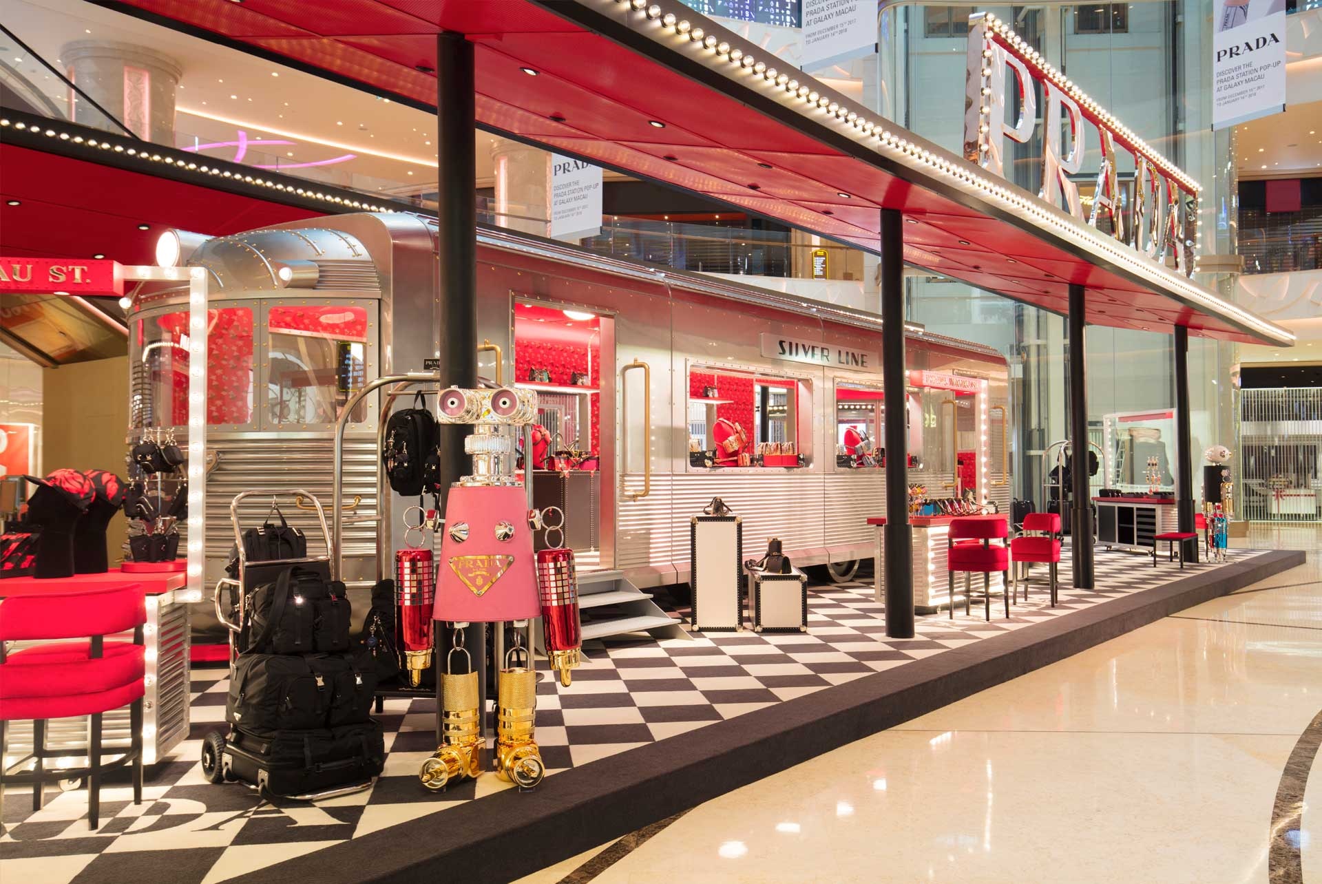 View of the pop-up rail themed Prada boutique, Prada Silver Line, at  Pacific Place in Hong Kong, China, 27 April 2018. Adopting a rail theme,  Prad Stock Photo - Alamy